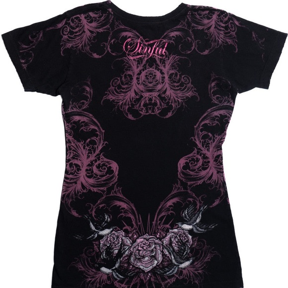 Sinful Woman’s Large Black Short Sleeve Tee with Pink Accents & Birds - Picture 5 of 6